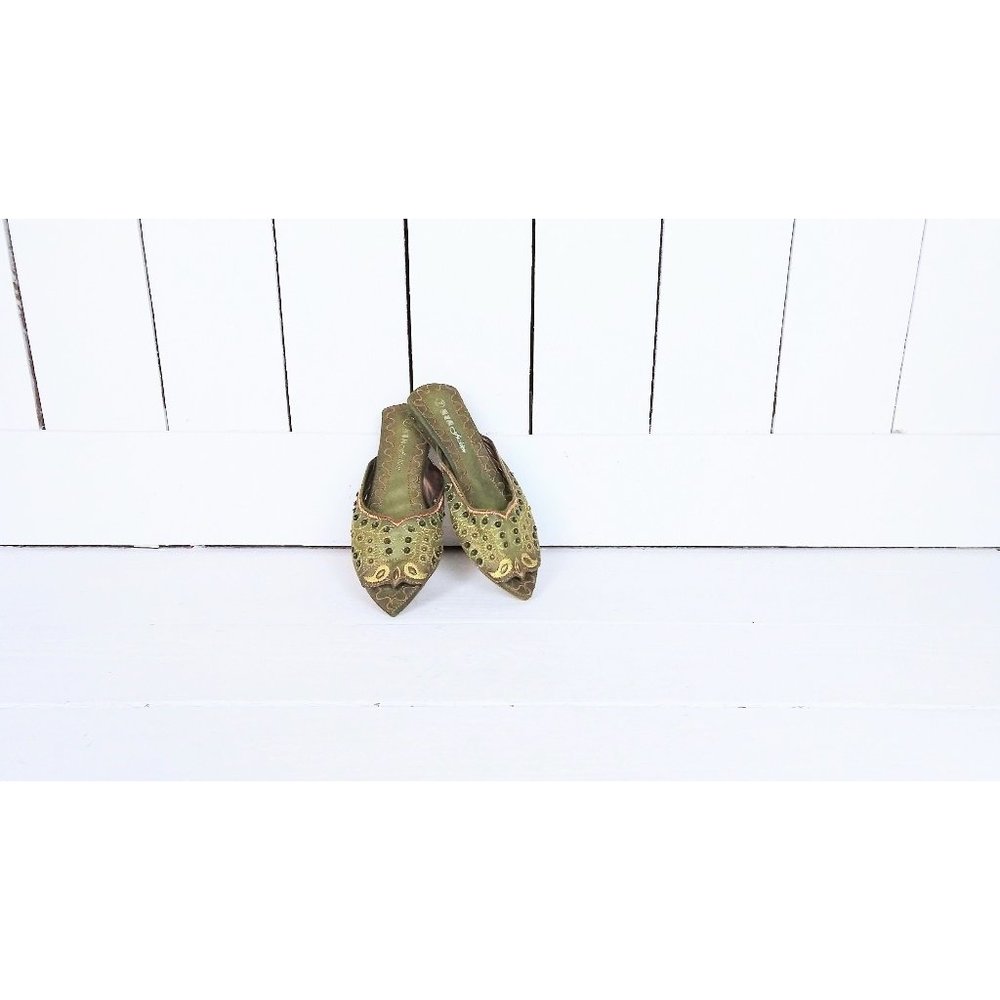 Vintage metallic embroidered beaded Indian flat mule faux suede sandals